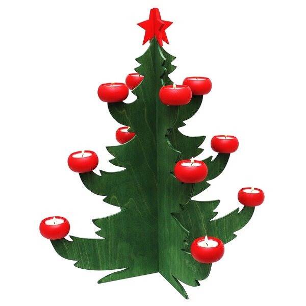 Holz Adventsleuchter "Baum" groß mit 12 roten Tüllen, grün 52 x 52 x 56,5 cm