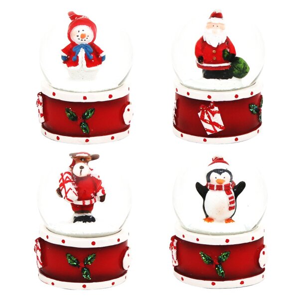 Polyresin Mini-Schneekugel "Santa, Elch, Pinguin, Schneemann" auf rotem Sockel 4-fach sort. 4,5 x 3,5 x 3,5 cm Ø 3,5 cm