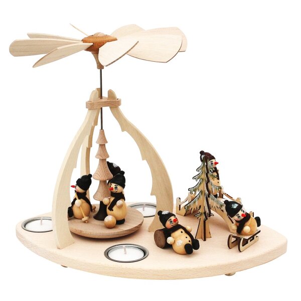 Holz Tischpyramide, hochwertig, mit Szene "Schneemannfiguren" für 3 Teelichte 32 x 19,5 x 25 cm