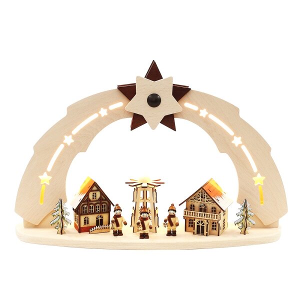 Holz Schwibbogen, hochwertig, "Pyramide/Häuser/Winterfiguren" verschneit (Bogen innen beleuchtet) 50 x 11,5 x 33 cm 230 V Kabel; LED;